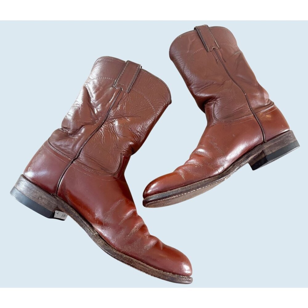 Vintage JUSTIN Brown Leather Roper Leather Boots Sz 8